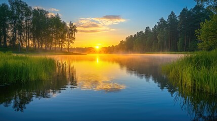 Obraz premium Morning mist over a calm river with trees - generated AI