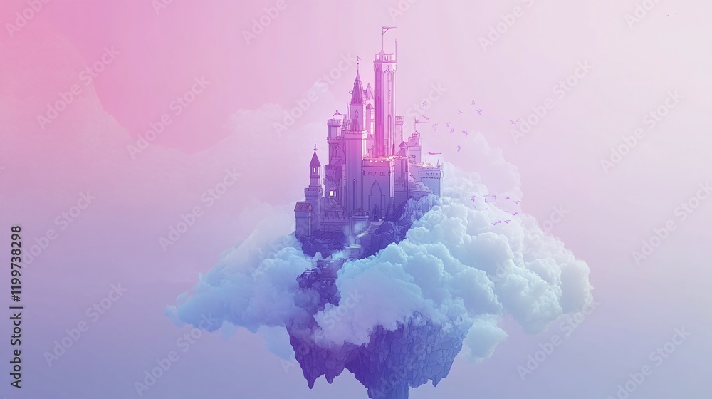 Poster isometric enchanted castle floating in the clouds with adventurers exploring its halls