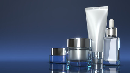 Set of realistic cosmetic packaging, cream jars and tube with silver lids. Design template for mockup. 3d illustration on blue gradient background
