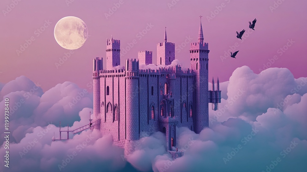 Poster isometric enchanted castle floating in the clouds with adventurers exploring its halls