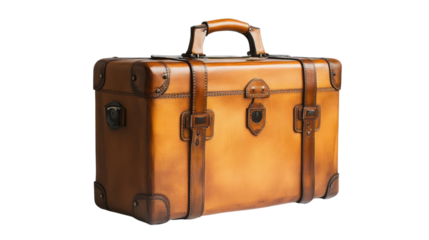 A vintage leather suitcase with a classic design, perfect for travel enthusiasts and as a stylish accessory. Isolated on a white background.