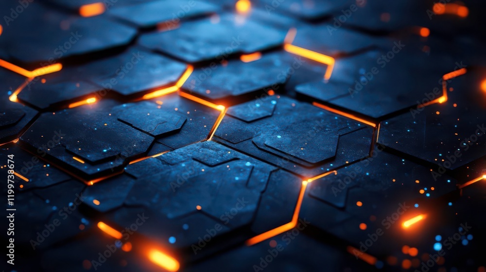 Poster a close-up view of a textured surface featuring illuminated hexagonal patterns in blue and orange hu
