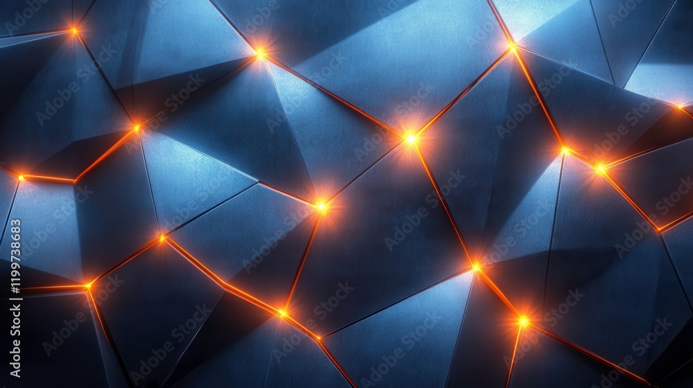 Poster a dynamic blue surface with geometric patterns and glowing orange connections, creating a futuristic