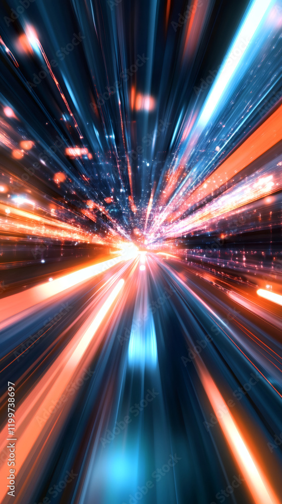 Aufkleber fast speed motion blur zoom effect through space with glowing lights in orange and blue colors