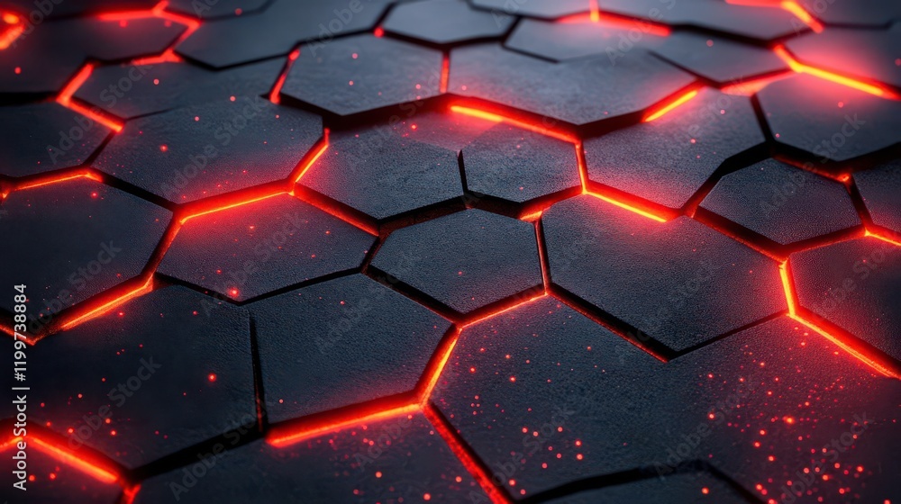 Poster a close-up view of hexagonal tiles with glowing red lines, resembling molten lava or futuristic ener