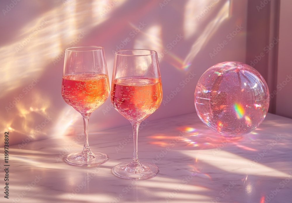 Poster sparkling rosé wine in elegant glasses with colorful reflections and abstract background in soft pas
