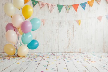 Pastel balloons and confetti on wooden floor.