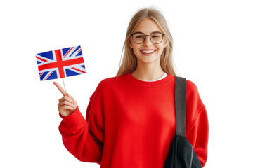 Portrait of a smiling young blonde woman in a red sweatshirt, holding a small British flag and isolated on a transparent background png (2)