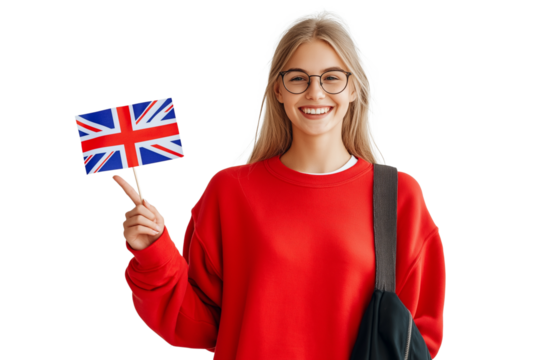 Portrait of a smiling young blonde woman in a red sweatshirt, holding a small British flag and isolated on a transparent background png (2)