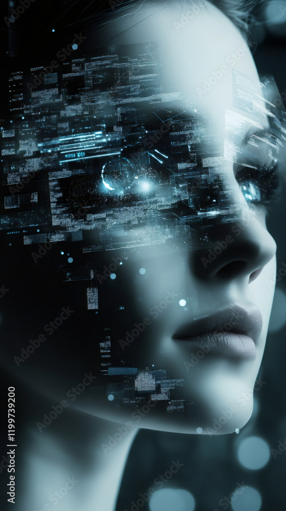 Aufkleber AI interface revealing woman's profile blending with digital network and programming background