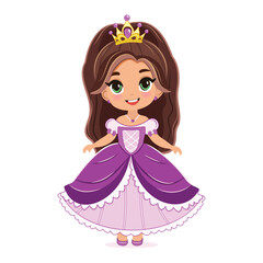 Cute little princess with beautiful eyes in dress and golden crown. Isolate on white background, Vector illustration in flat drawn cartoon style
