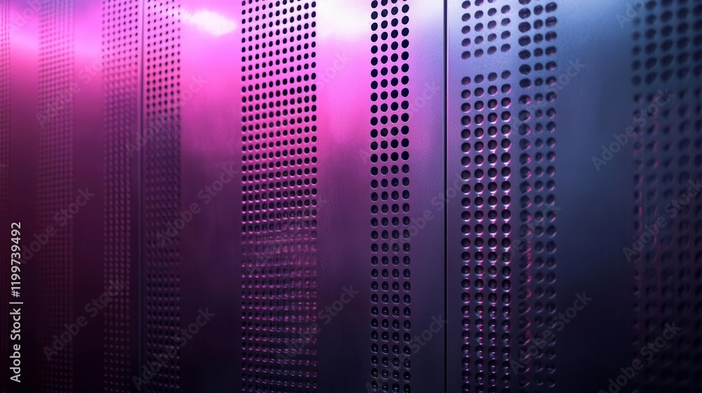Poster a vibrant, textured surface with a gradient of purple and blue hues, featuring a pattern of perforat