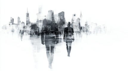 Silhouetted figures walking through a city dreamscape.  A grayscale image evoking ambition and urban life.
