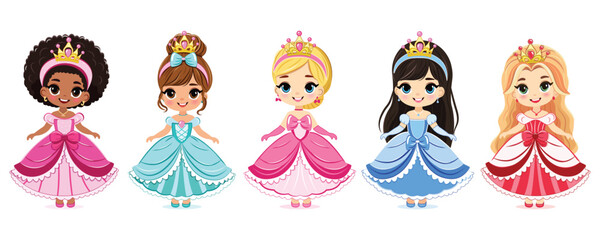 Set of different nationalities cute little princess with beautiful eyes and golden crown. Isolate on white background, Vector illustration in flat drawn cartoon style