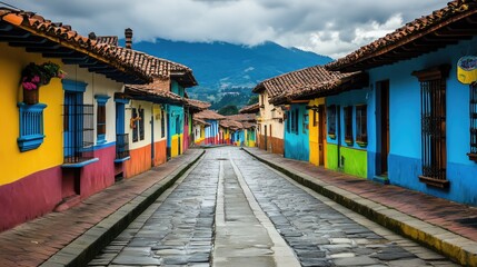 Fototapeta premium Narrow street in an old city with colorful houses - generated AI