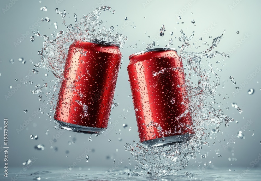 Poster splashing refreshment: two red beverage cans collide in an exciting water impact creating a vivid sc