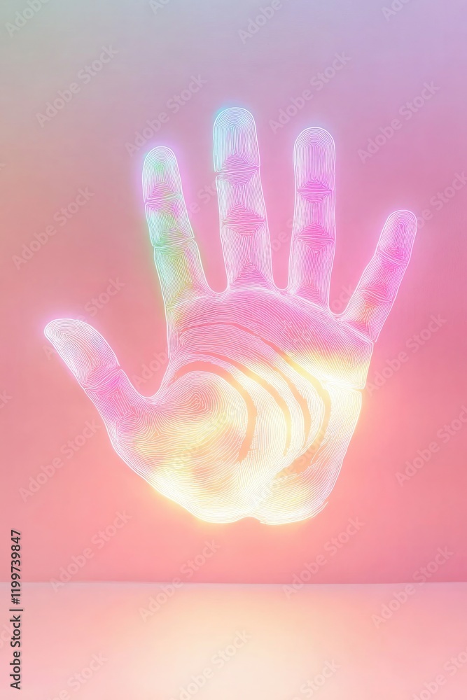 Poster glowing outline of rainbow handprint placed on soft gradient surface transitioning from white to pas