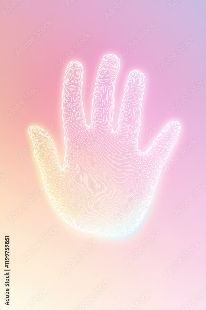 Poster glowing outline of rainbow handprint placed on soft gradient surface transitioning from white to pas