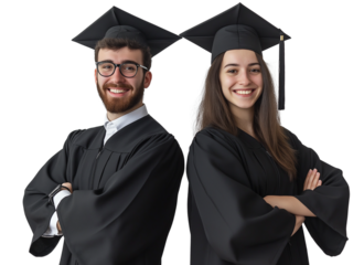 A male and female graduate student in their black gowns, wearing caps with visible hair under them, posing for the camera against white background (2)