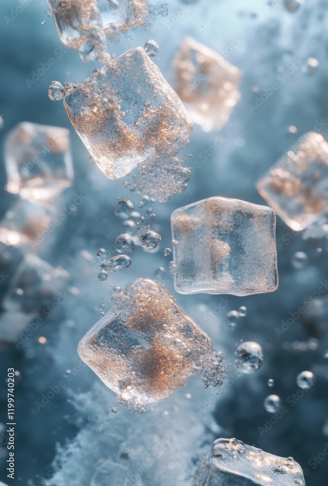 Poster stunning close-up of floating ice cubes in clear water with bubbles creating a refreshing atmosphere