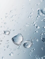 Stunning Close-Up of Water Bubbles and Ice Cubes Floating in Clear Liquid with Soft Background Glimmers Creating a Serene and Refreshing Atmosphere