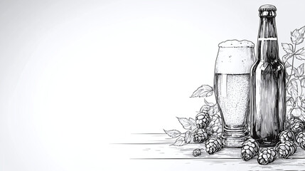 Isolated beer glass with bottle toasting, half photo, half sketch, empty background with copy space, banner concept, place for text or product, logo, illustration	