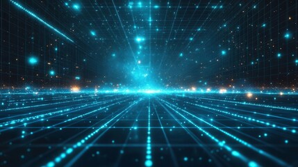 Obraz premium A mesmerizing digital landscape featuring glowing blue lines and particles, creating a futuristic, cybernetic atmosphere.