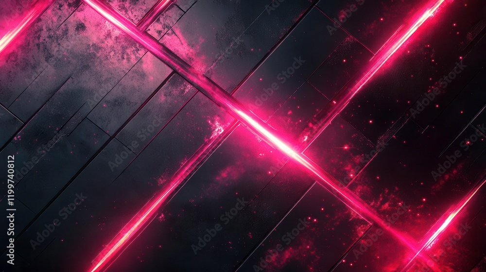 Poster a striking image featuring vibrant pink laser beams intersecting against a dark textured background,