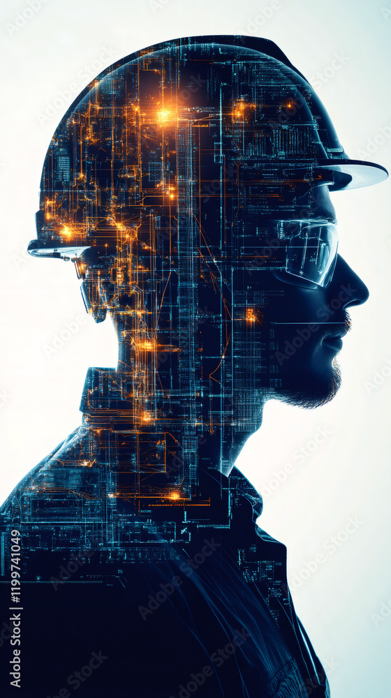 Fototapete construction worker wearing ar glasses and hardhat, analyzing digital engineering blueprint while pr