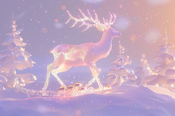 Holy light, crystal white deer, very detailed 3d animation,super clear, transparent, focusing light, optics, realism, jingle bells on a sled or sleigh decorationred podium, pale violet background , 