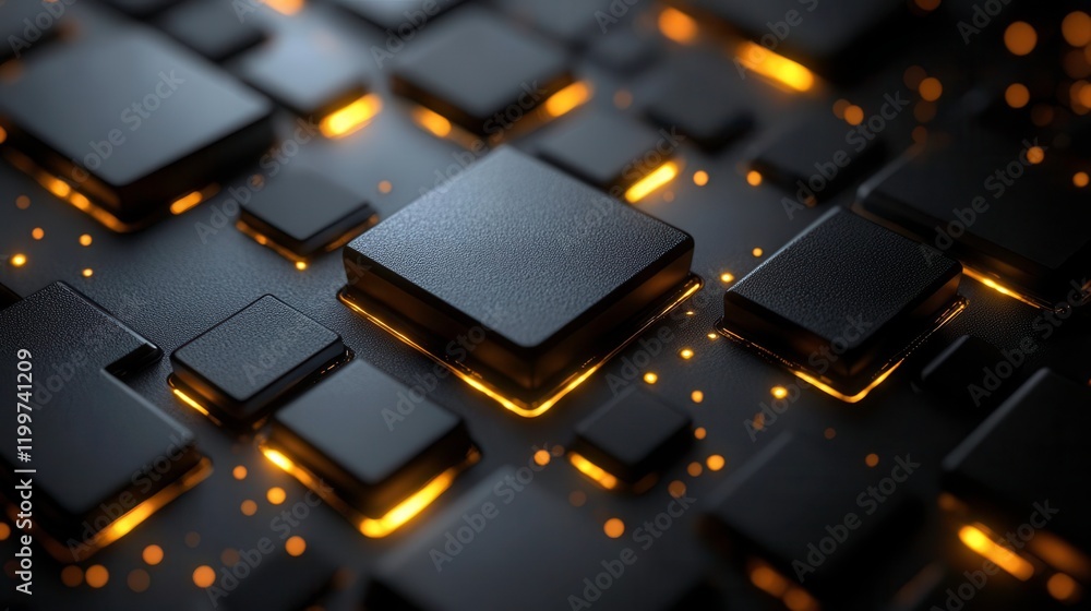 Poster a close-up view of a grid of dark, textured squares illuminated by warm, glowing edges, creating a m