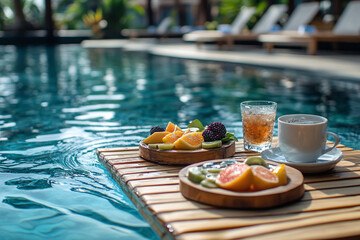 Floating breakfast in luxury resort swimming pool, tropical resort, honeymoon surprise, love and romance. Exotic summer breakfast. Tropical beach holiday.