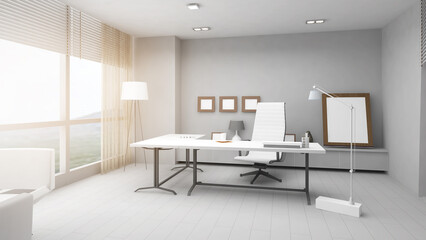 Company executive office White floor, white walls and executive desk.,3d rendering