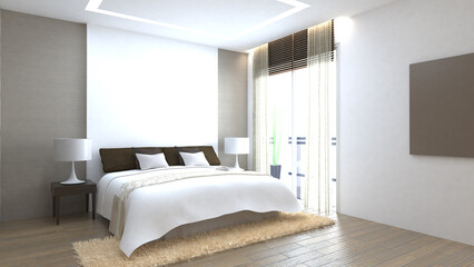 Wooden floor in modern bedroom design ,3d rendering