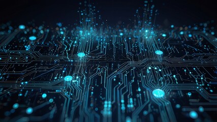Fototapeta premium Quantum computer technologies concept. Futuristic blue circuit board background vector. Modern technology circuit board texture background design. Waves flow. Quantum explosion ...