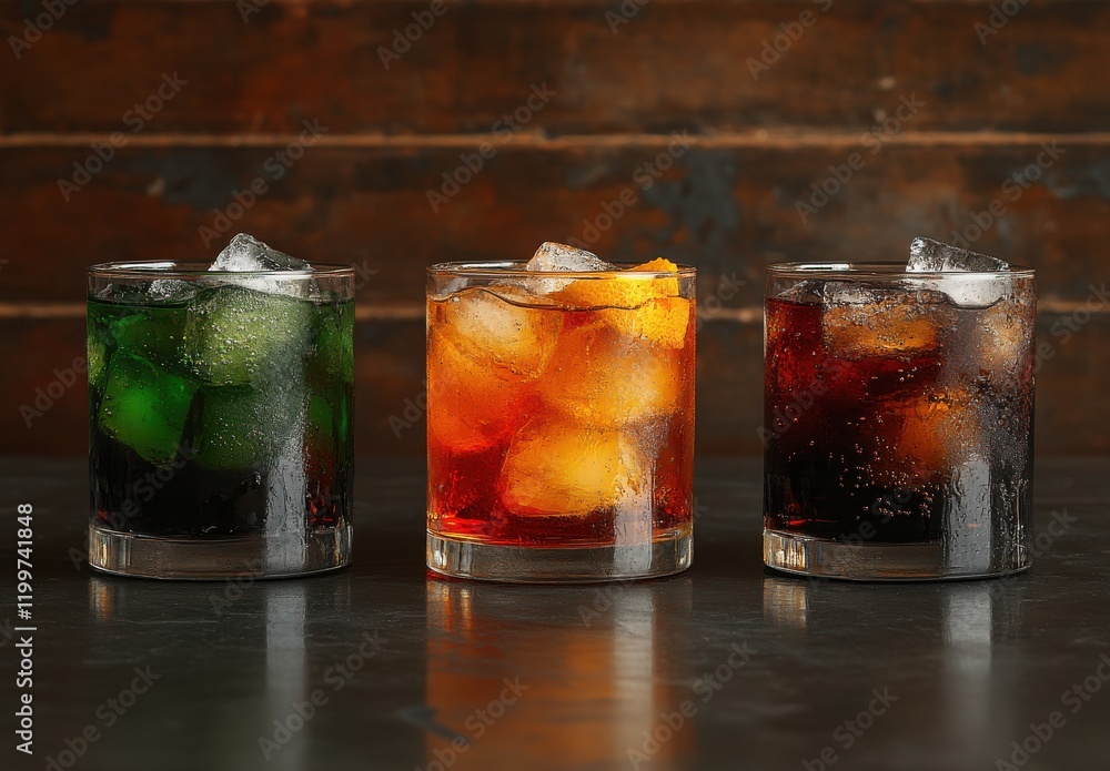 Aufkleber three colorful refreshing beverages with ice cubes displayed on a dark surface against a rustic wood