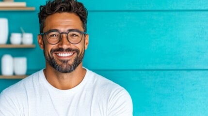 Obraz premium Smiling man with glasses against a teal background. Positive and approachable.