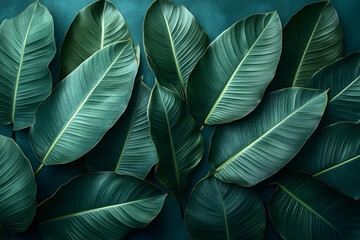 Dark Green Tropical Leaves Flat Lay, Lush Foliage Background Texture