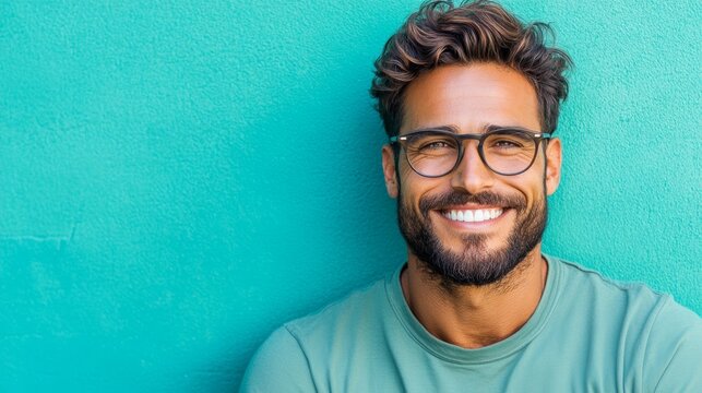 Smiling man with beard wearing glasses against teal background.  Positive vibes and happy expression.