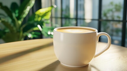 Obraz premium Warm Cup of Coffee on Wooden Table with Natural Light Background