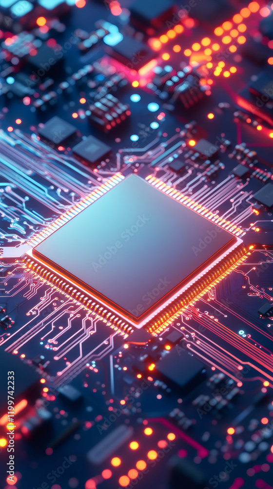 Aufkleber Glowing computer processor resting on dark electronic circuit board, highlighting intricate hardware with soft background blur