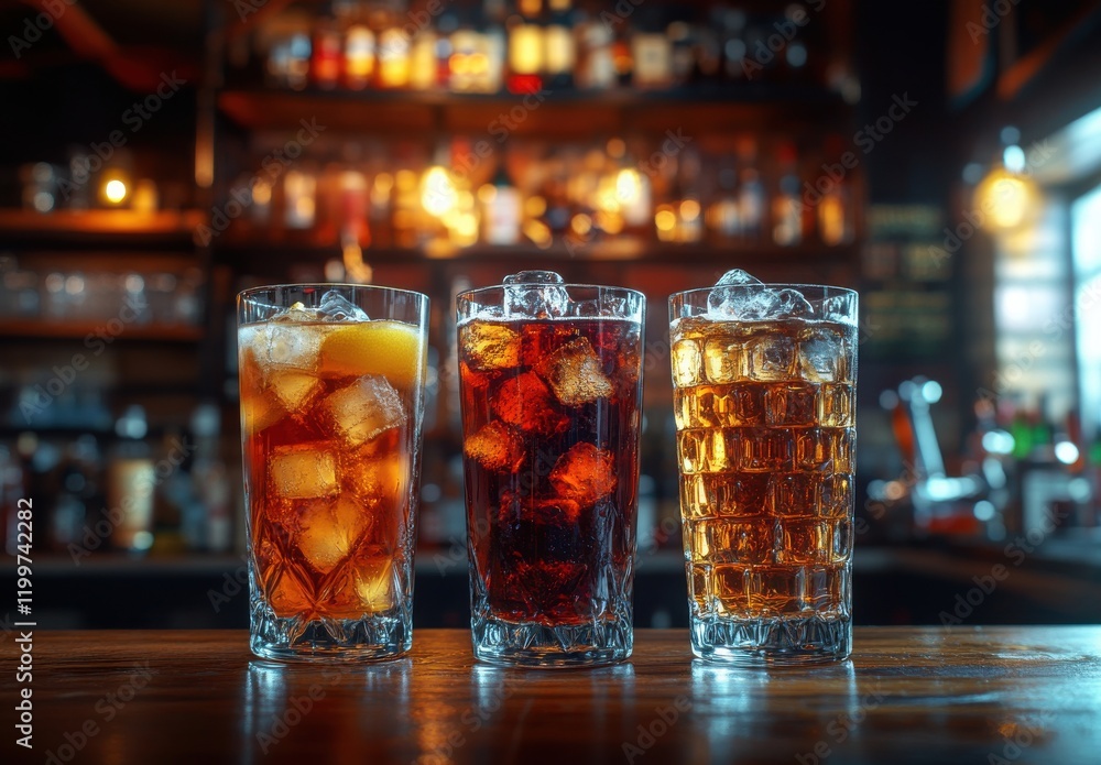 Poster three glasses of refreshing cold beverages on a wooden bar counter surrounded by a warm and inviting