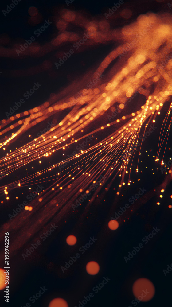 Aufkleber Fiber optic cables transmitting digital data creating an abstract network communication technology background with glowing orange bokeh effect