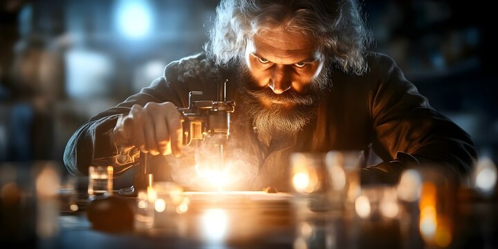 A focused man with a beard is using a tool that emits sparks, surrounded by a dark, illuminated workshop environment. Concept Man with Beard, Tool Emitting Sparks, Dark Workshop