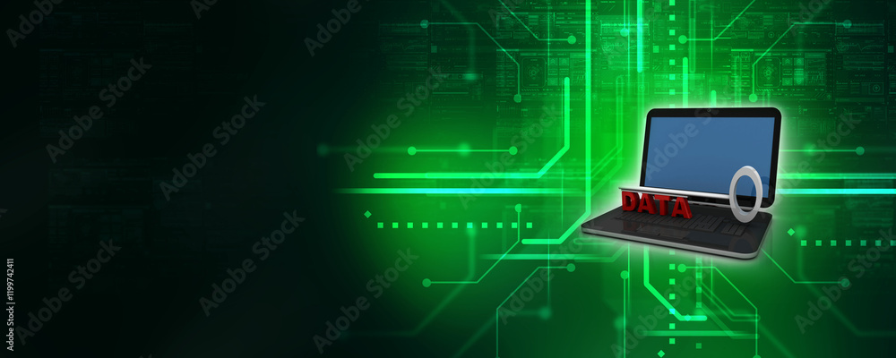 Poster 3d rendering data with key on laptop