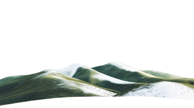 Scenic view of rolling green hills blanketed in white snow, creating a beautiful contrast against the clear blue sky.