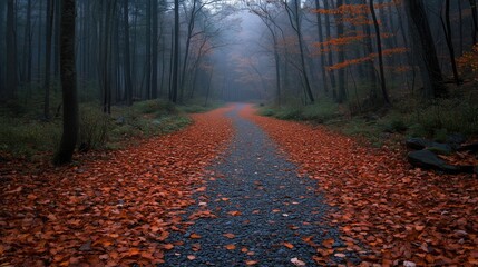 Obraz premium Pathway through a forest with fallen leaves in autumn - generated AI