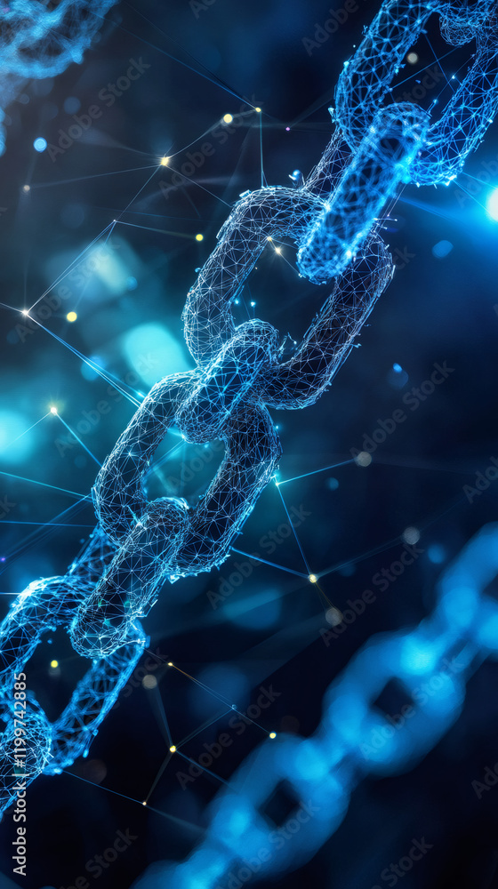 Aufkleber glowing blue digital links forming a futuristic chain, representing blockchain technology and secure