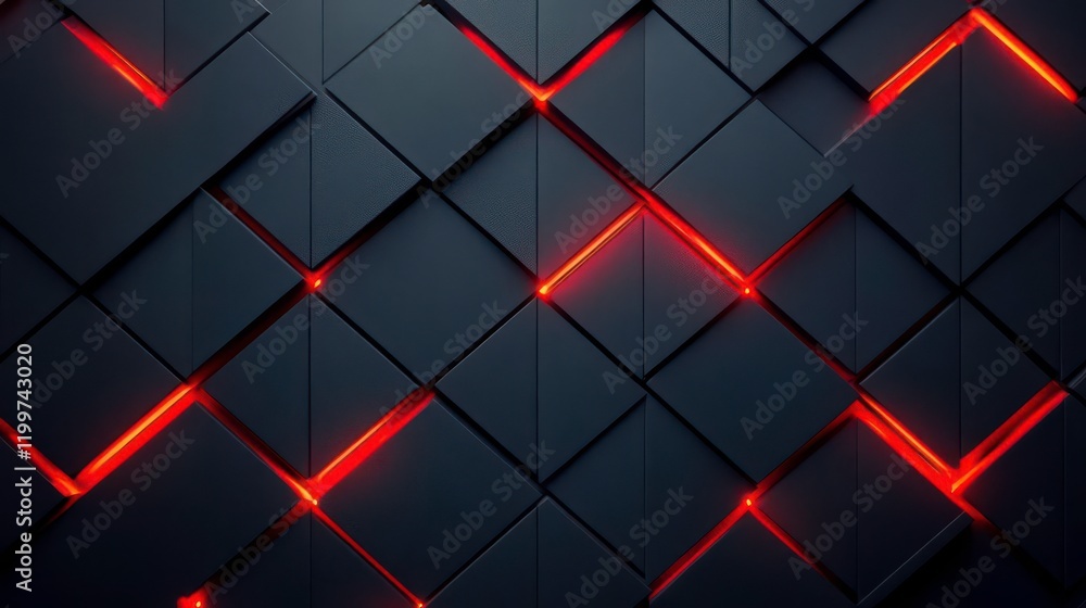 Poster a dark geometric background featuring interlocking squares with illuminated red edges, creating a mo