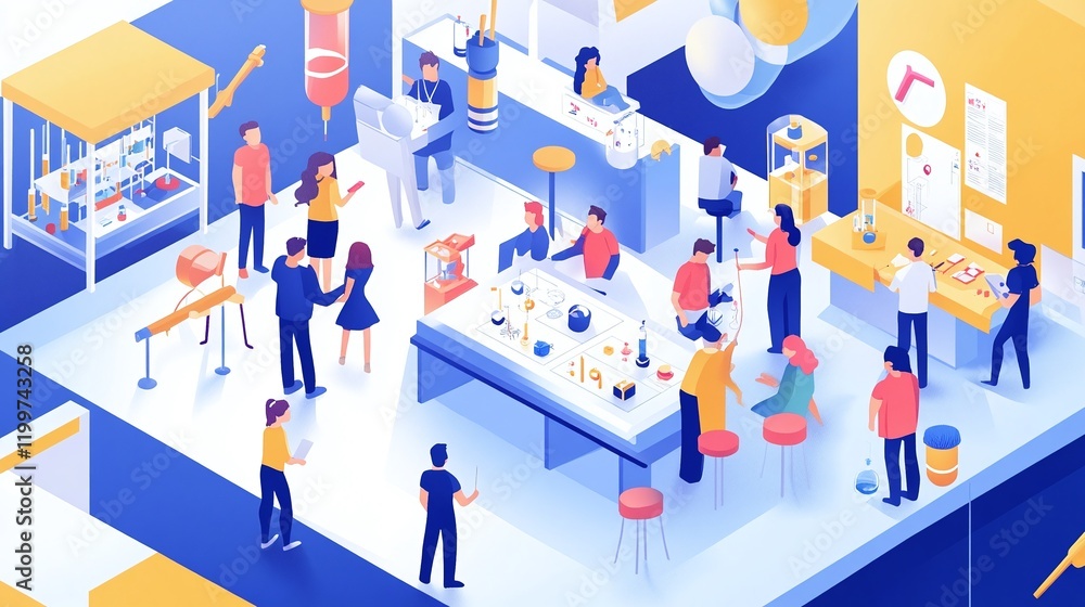 Poster Isometric science fair with children and adults exploring experiments and inventions